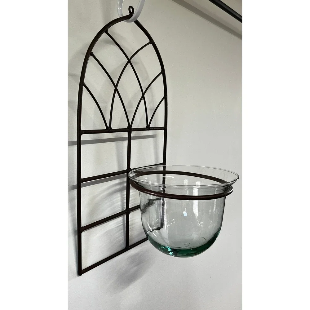 Arched Gothic Metal Wall Sconce Glass Hurricane Bowl Dark Brown Cathedral Decor